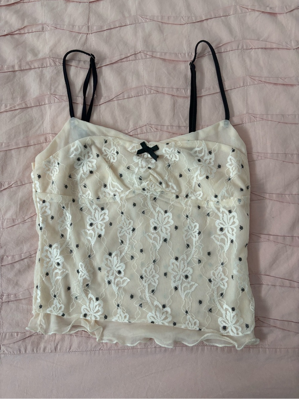 Lace Embroidered Polka Dots Cami with Black Straps
